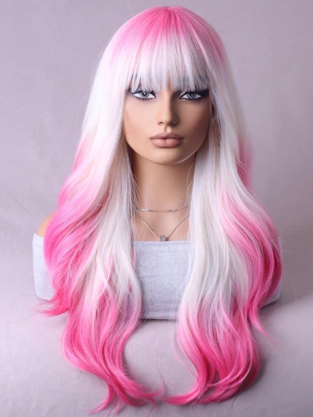 NEW BERON Pink and White Long Wig - Curly Wavy Women's Wig with Bangs